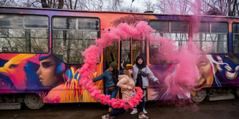 Novosibirsk tram No 13 covered with pro-grade graffiti